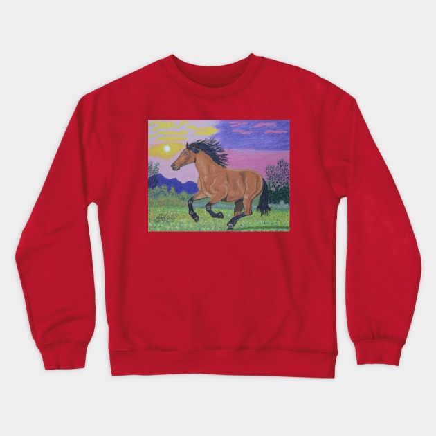 A running brown horse at sunset Crewneck Sweatshirt by Anton Liachovic